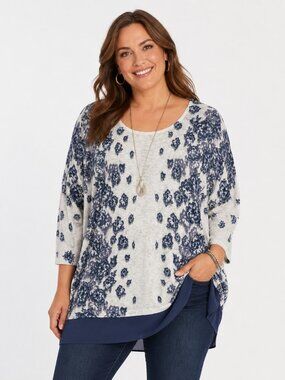 Roz & Ali Woman Gray Floral Print Drop Sleeve Lightweight Knit Sweater Womens 3X